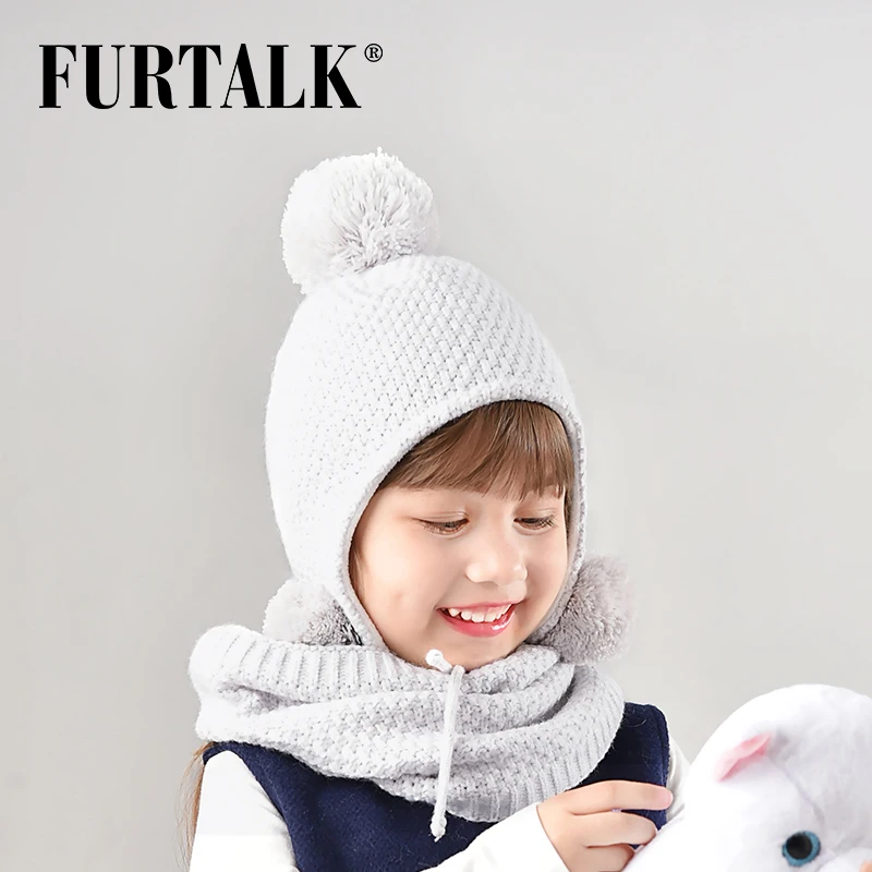 FURTALK Шерстяная Зимняя Детская Шапка и Шарф для Девочики с Помпоном Ушанка