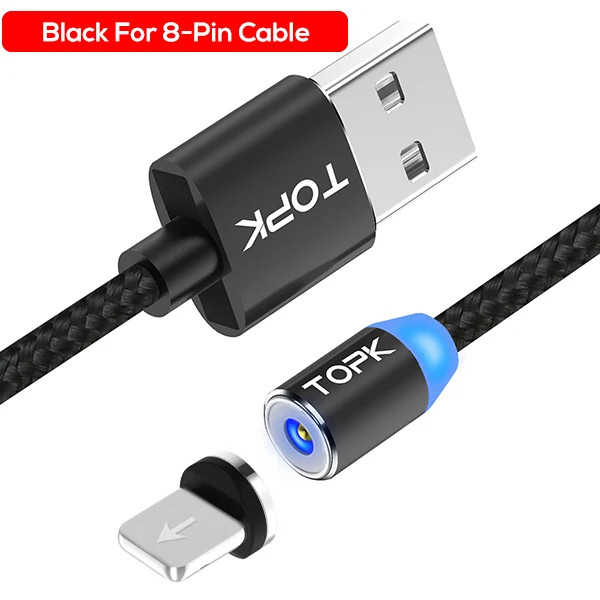 TOPK AM23 светодиодный магнитный Micro USB кабель USB C кабель для samsung Xiaomi huawei Android кабели для мобильных телефонов для iPhone X Xs Max - Цвет: 8-Pin Cable Black