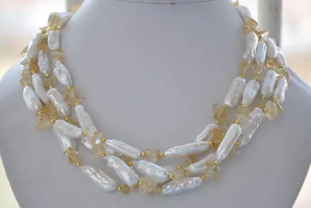 

song voge gem nanJ1910 4strands white biwa freshwater pearl yellow crystal necklace