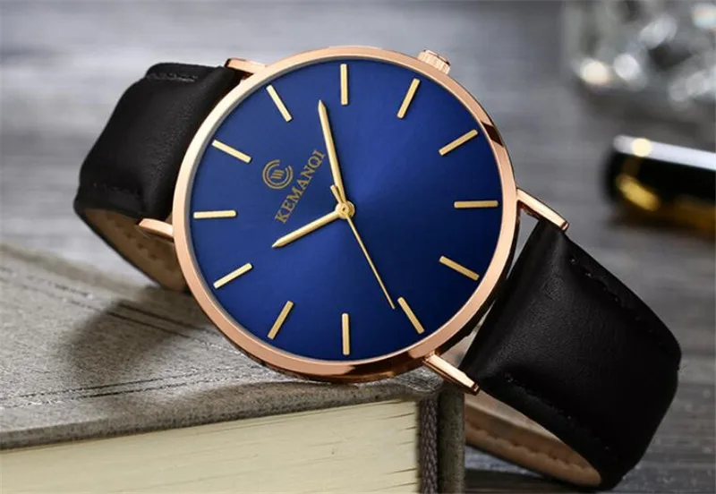 Ультратонкие 6,5 мм часы мужские элегантные модные KEMANQI часы простые деловые мужские кварцевые часы римские мужские часы reloj - Цвет: gold blue