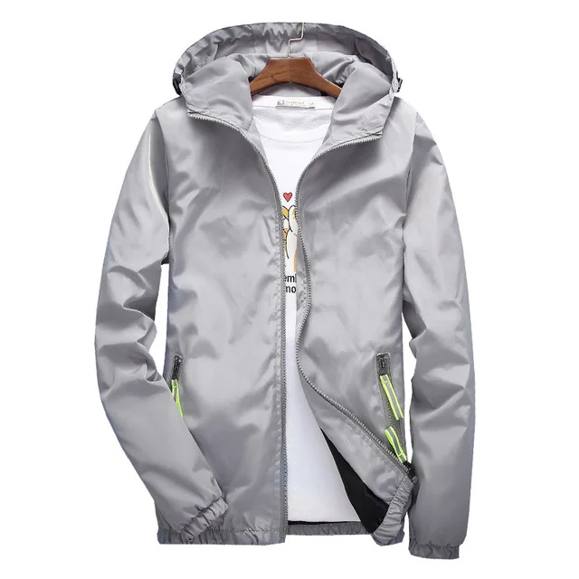 Весенне-осенняя тонкая ветровка для мужчин размера плюс 6XL 7XL Jaqueta Masculina, приталенная мужская куртка-бомбер с капюшоном, водонепроницаемая куртка-светильник - Цвет: Gray
