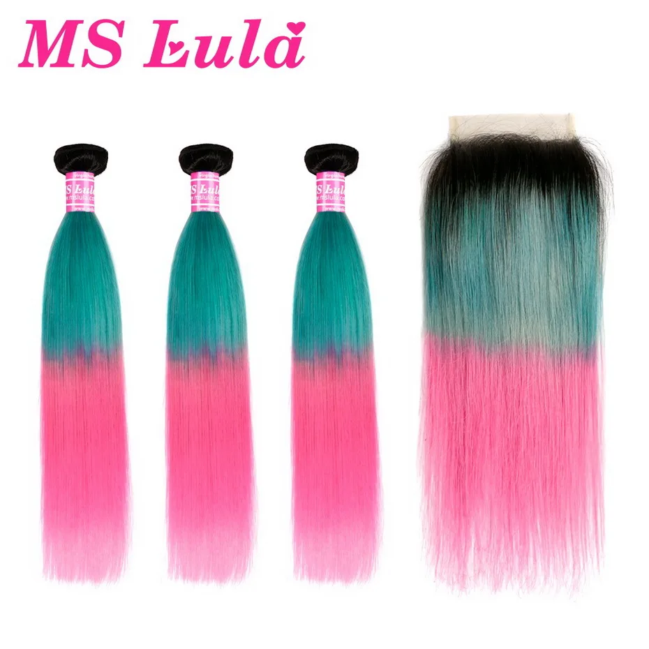 

MS Lula Brazilian Straight 3 Bundles With 4x4 Closure Ombre Pink&Blue Remy Human Hair Weave Free Part Closure Hair Extension