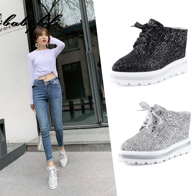 

New 2019 Fashion Glitter Sequined Bling Women Slides Punk Rock Gothic Vintage wedge High Heels Platform Lace Up Ladies Shoes