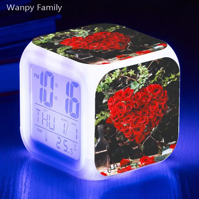 Heart shaped loving heart Rose Alarm Clocks 7 Color Glowing LED