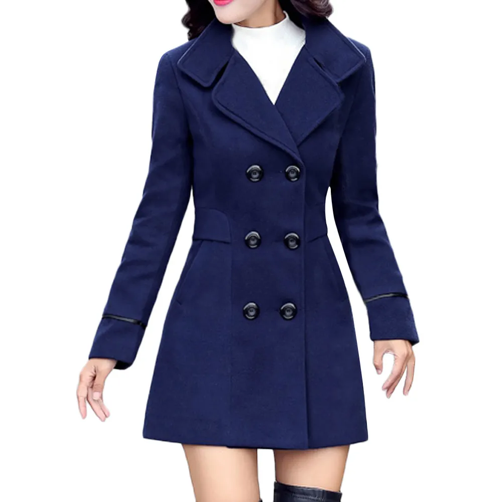 Зимнее шерстяное пальто для женщин, тонкий длинный Тренч, двубортное пальто размера плюс, ветровка для девушек с длинным рукавом, повседневные нагрудные карманы, топы - Цвет: Синий