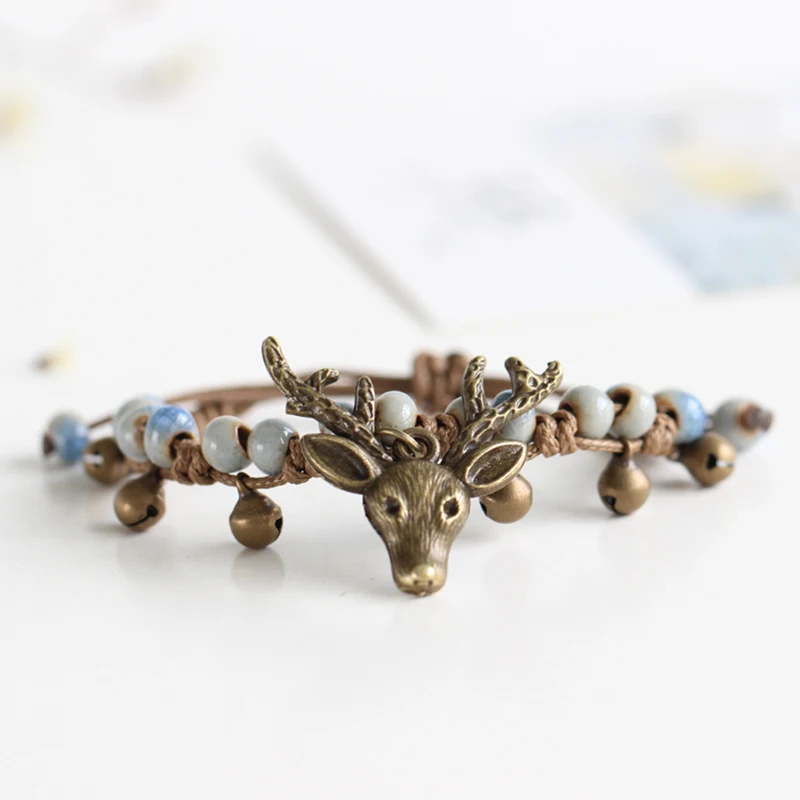 

Miage Mori Girl Walk Forest Handmade China Ceramic Bead Vintage Bronze Elk Deer Pendant Weave Rope Bracelet Women Ethnic Jewelry