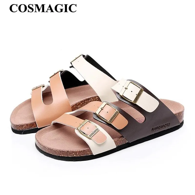 

COSMAGIC 2019 Fashion Men Beach Cork Slippers Summer Mixed Color Non-slip Outside EVA Leather Buckle Slide Shoe High Quality