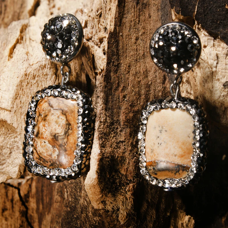

MOON GIRL Unique Design Semi-precious Natural Stone Dangle Earring Handmade Shining Rhinestone Party Earring for Women Dropship