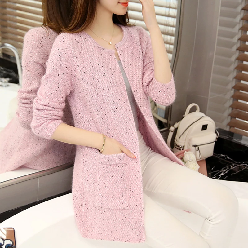 

2019 new spring female knitted cardigan Korean women in the long thick loose sweater coat pocket girl