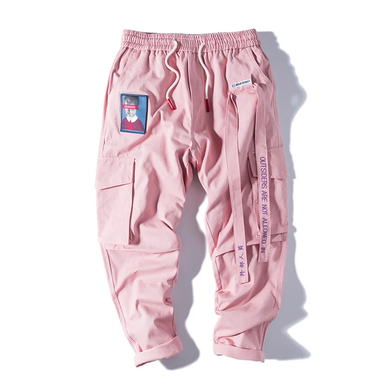 Розовый Aelfric Eden Японская уличная одежда брюки карго для мужчин и женщин с вышитыми лентами и буквами хип-хоп брюки для бега повседневные розовые шаровары - Цвет: Розовый