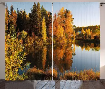 

Fall Curtains Lake in Sunset Rays Autumn Landscape Pond Woodland Outdoors Ecology Environment Living Room Bedroom Window Drapes