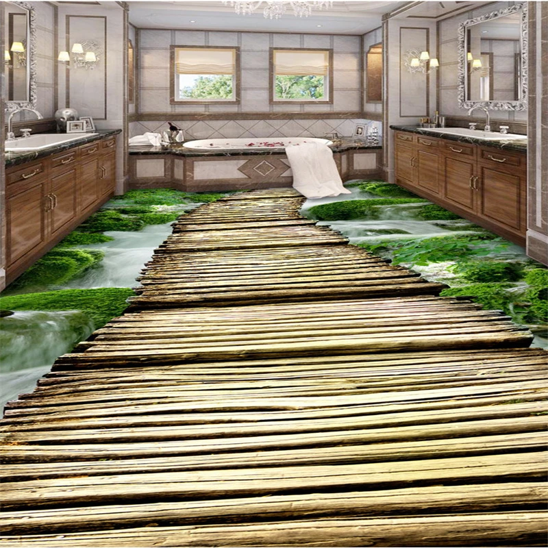 

beibehang Large Custom Flooring Mountain Creek Wooden Bridge Bathroom Corridor 3D Living Room Bathroom Floor Painting