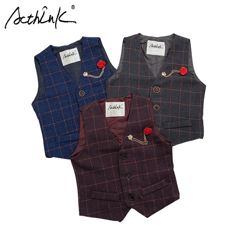 ActhInK New Boys Plaid Vest with Breastpin Brand Children Formal Suit