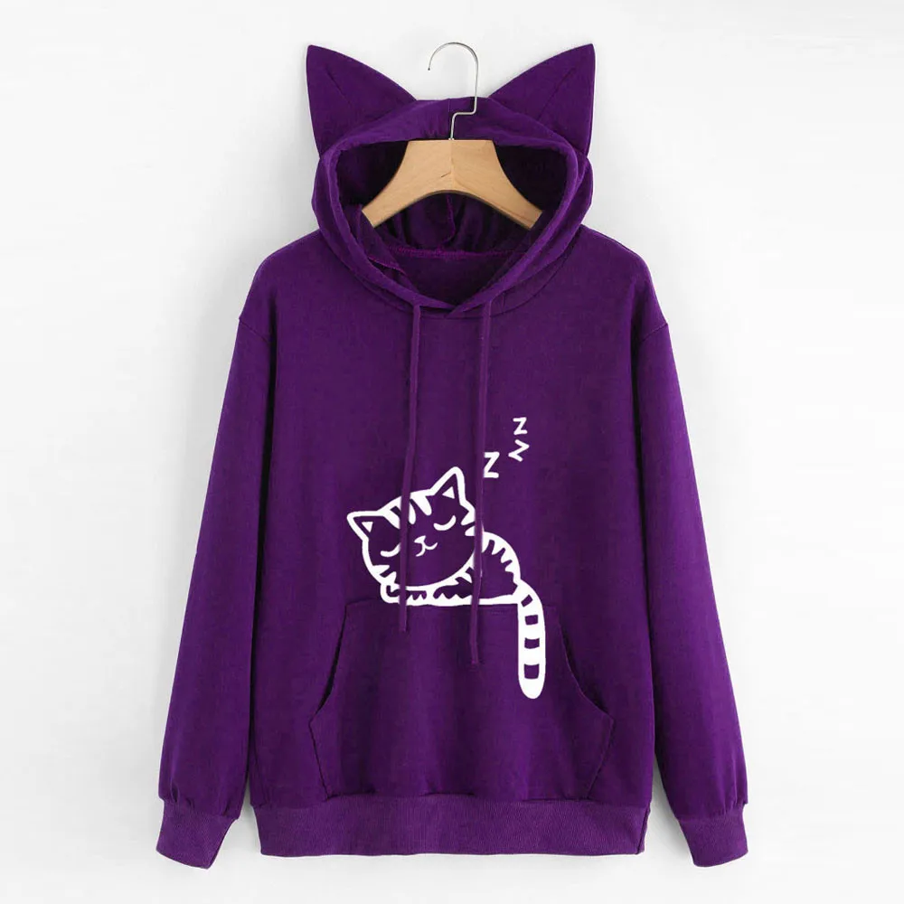 New Casual Cat Autumn Oversized Jumper Hooded  Pullover Tops Blou Women