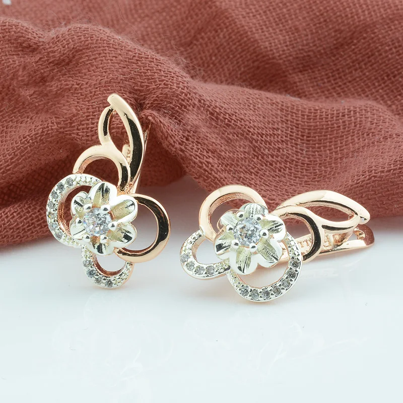 

FJ 2 Color Choose Women Ladies 585 Gold Color White Flowers Cubic Zircon Earring Drop Dangle Plant Rose Earrings
