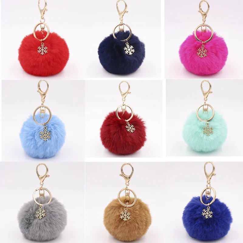 

Big Snowflake Pendant Faux Rabbit Fur Ball Keychain Handbag Ring Plush Artificial Fur PomPom Key Chain Ornament Pom Pom Charm