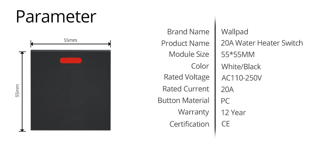 Wallpad роскошный 20A переключатель водонагревателя функциональная клавиша для настенного кнопочного переключателя только белый и черный пластиковый модуль