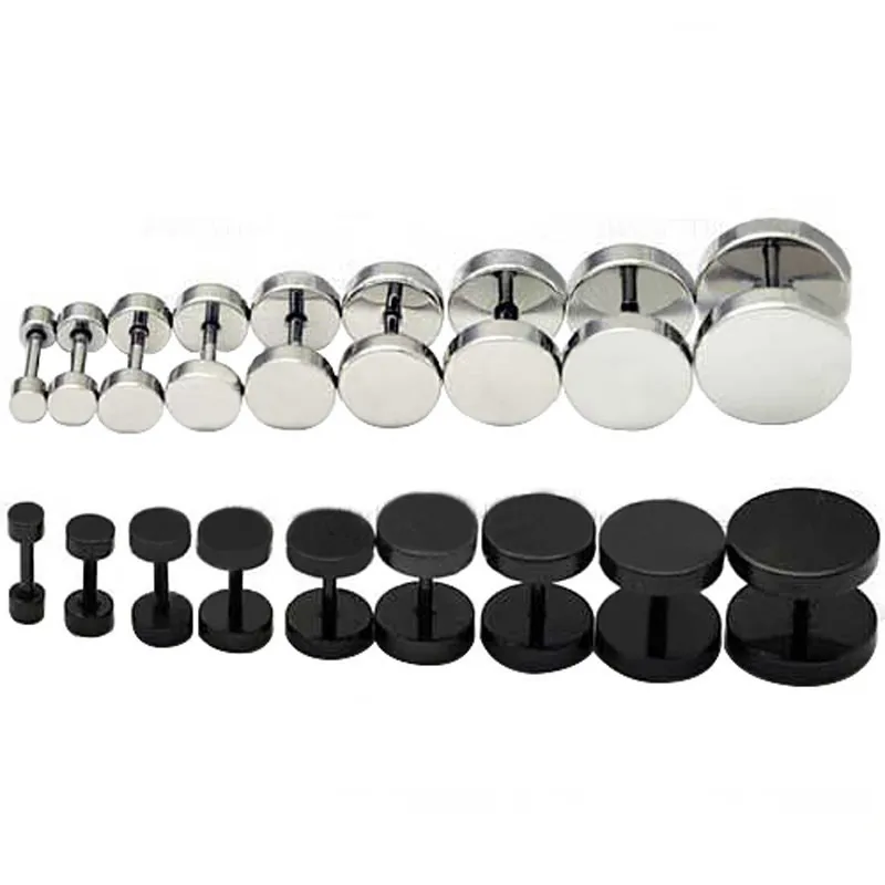 

YYW Pun Rock Mens Barbell Punk 3-11mm Black Silver-color Stainless Steel Ear Stud Fake Ear Plug Cheater Earring Piercing Jewelry