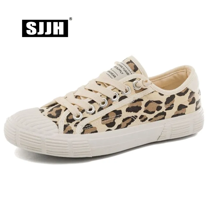 SJJH Women Canvas Skateboarding Shoes Comfortable Leopard Sneakers Ladies Vulcanize Casual Grils Chaussure Lace-up Footwear D227