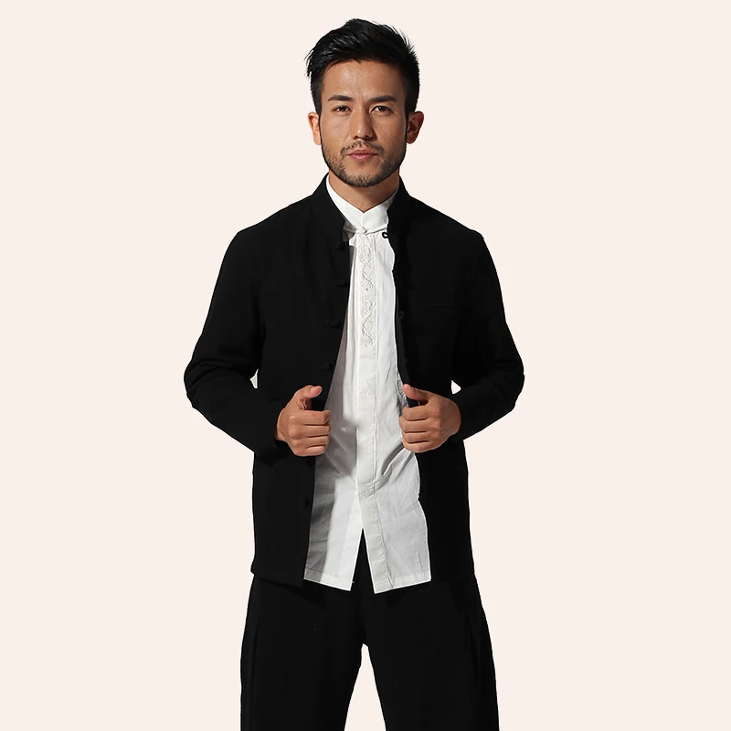

Black Men's Cotton Linen Jacket Autumn Long sleeve Coat Chinese Style Tang Suit Top hombre chaqueta M L XL XXL XXXL MN006