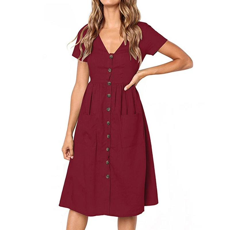 Women's Sexy Summer Dresses 2019 Boho Short Sleeve Button Solid Midi Dress Sundress With Pockets Lady Beach Party Dress Vestidos