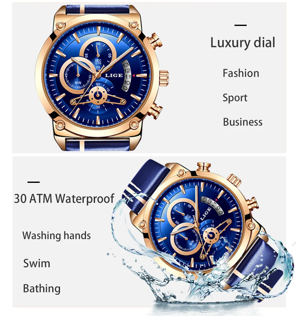 Reloj Hombre LIGE новые мужские часы хронографы аналоговые кварцевые часы мужские Дата креативный циферблат синий кожаный ремешок