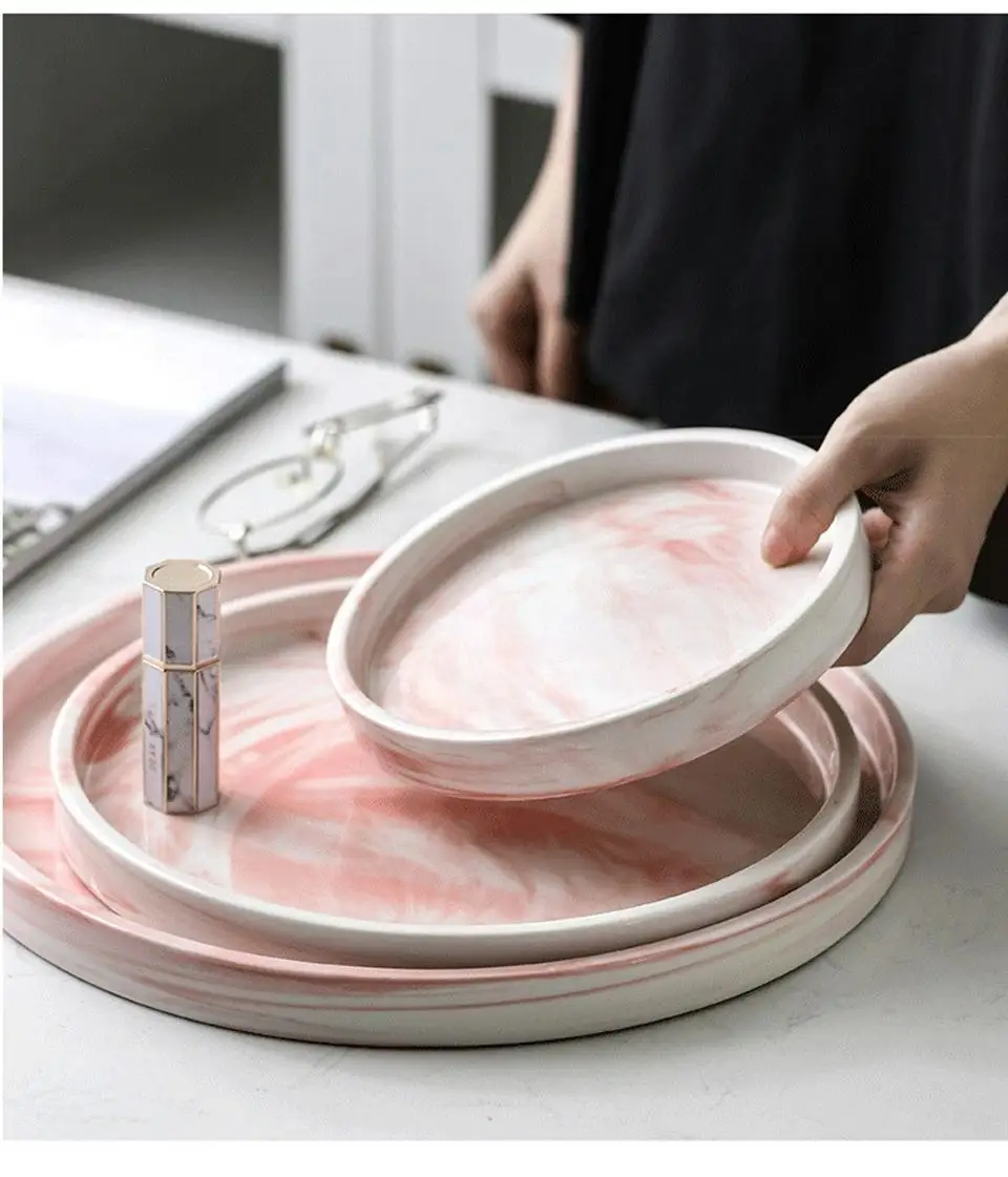 Розовый керамический геометрический поднос в скандинавском стиле, Мраморная посуда, бытовая чайная кофейная тарелка для хранения ювелирных изделий, украшение, новинка