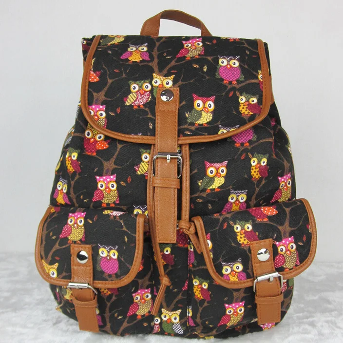 Women Cute Cartoon Owls Pattern Canvas Backpack Double Shoulder Bag Students Schoolbag Book Bag Popular