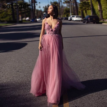 

3D Flower Beading Long Sexy Evening Dresses Appliques Backless Tulle Arabic Muslim Special Occasion