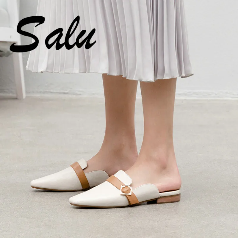 

Salu Fashion Elegant Women Sandals 2019 Summer Genuine Leather Women Sandals Pointed Toe Low Heels Casual Shoes Woman