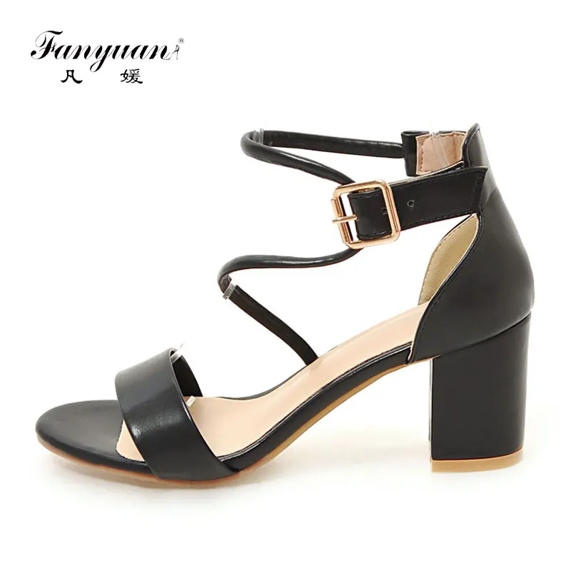 

Fanyuan Sandals Female New Summer Cross Straps Roman Shoes Sexy Buckle Wild Square High Heeled Sandals Summer Party Shoes