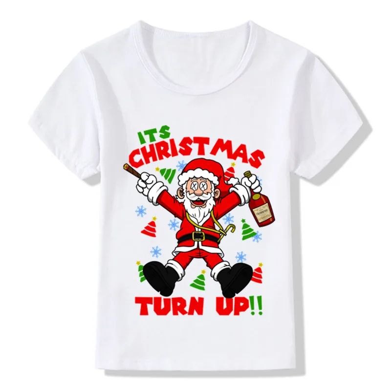 Детская футболка с рисунком Санта-Клауса и его друзей; детская забавная одежда с героями мультфильмов; летняя футболка для мальчиков и девочек; ooo5027