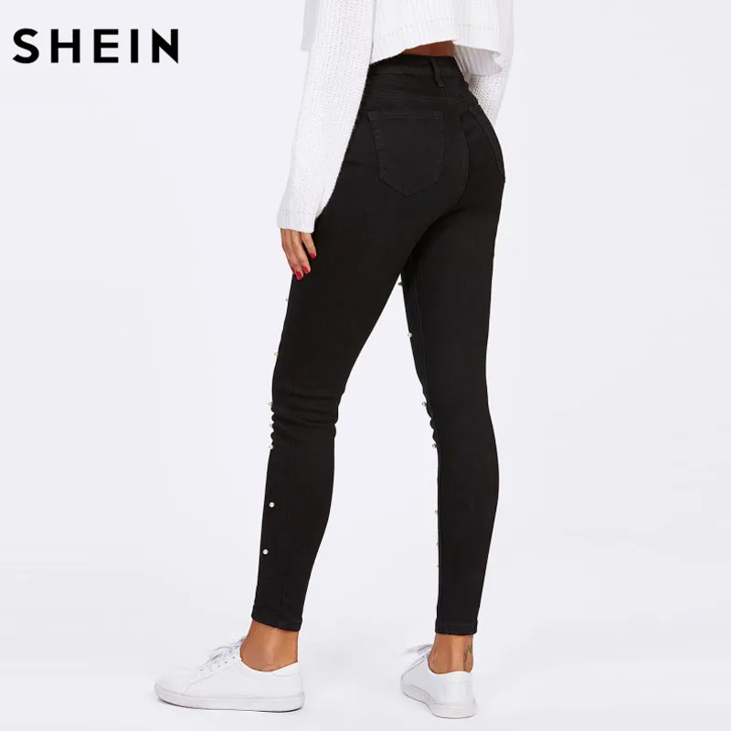 SHEIN Модные Джинсы С Бусинами Женские Элегантные Черные Длинные Джинсовые Брюки