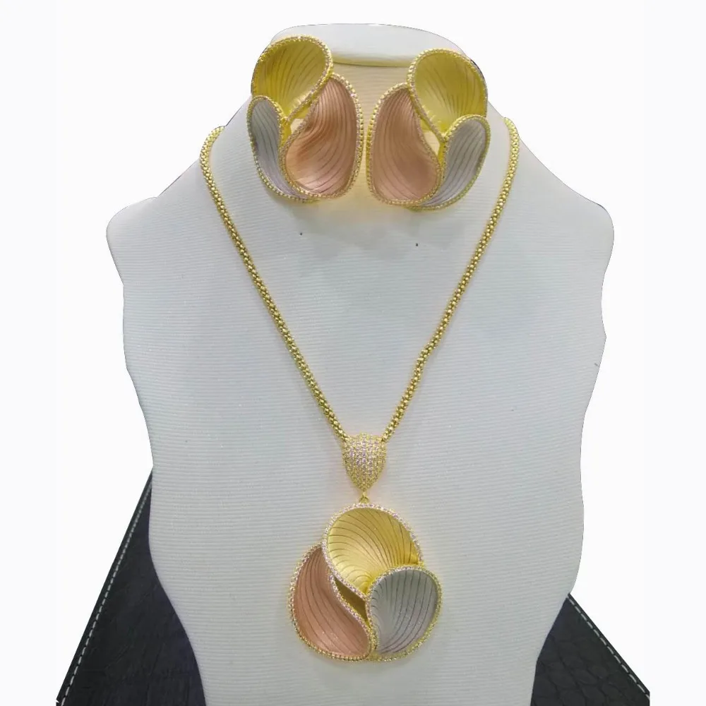 

GODKI Exclusive 3 leaves Flower Elegant Women Wedding Naija Bridal Cubic Zirconia Necklace Earring Dubai Dress Jewelry Set