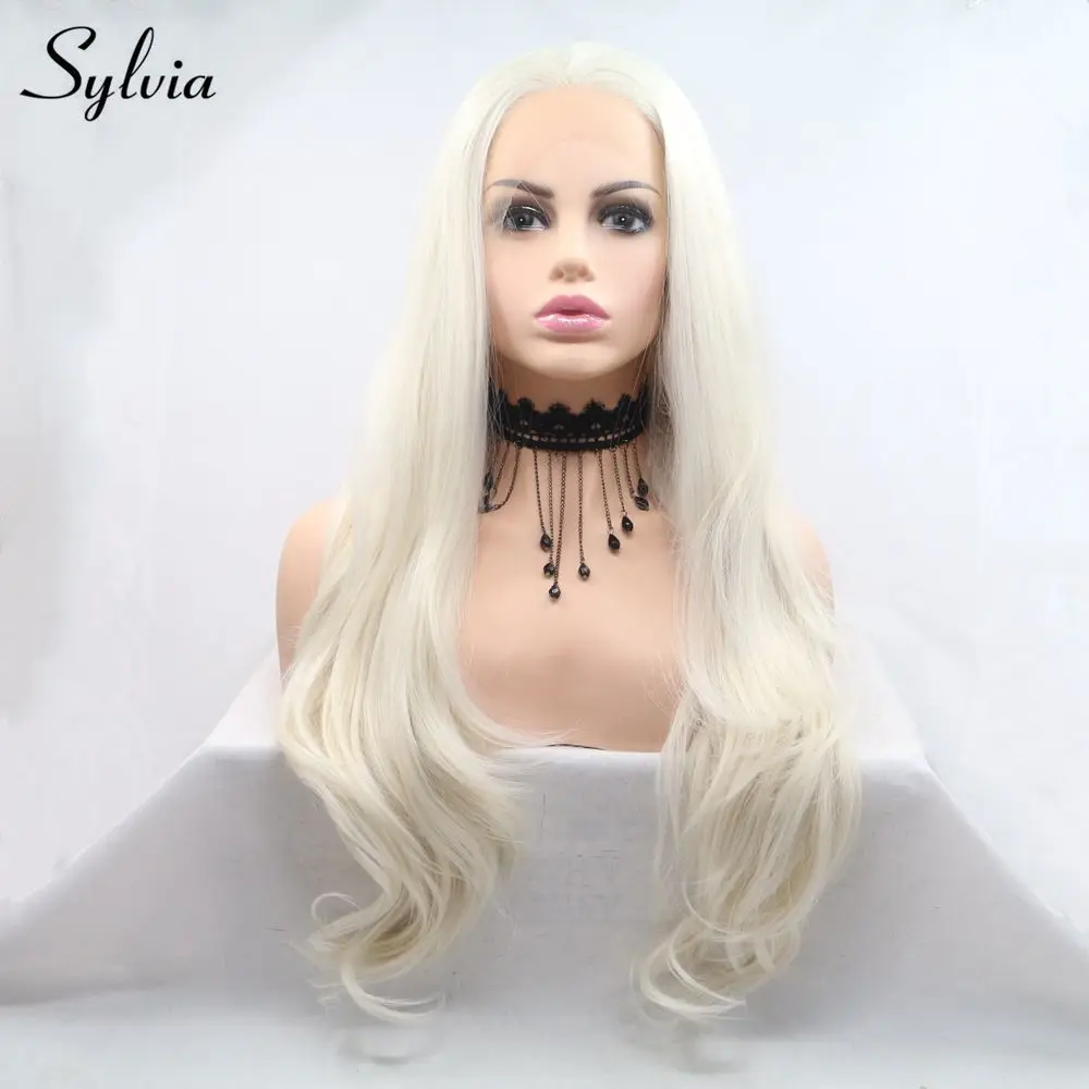 

Sylvia Platinum Blonde Hair Synthetic Lace Front Wig Free Part Long Wig Natural Wavy Heat Resistant Wig #60 Glueless Cosplay Wig