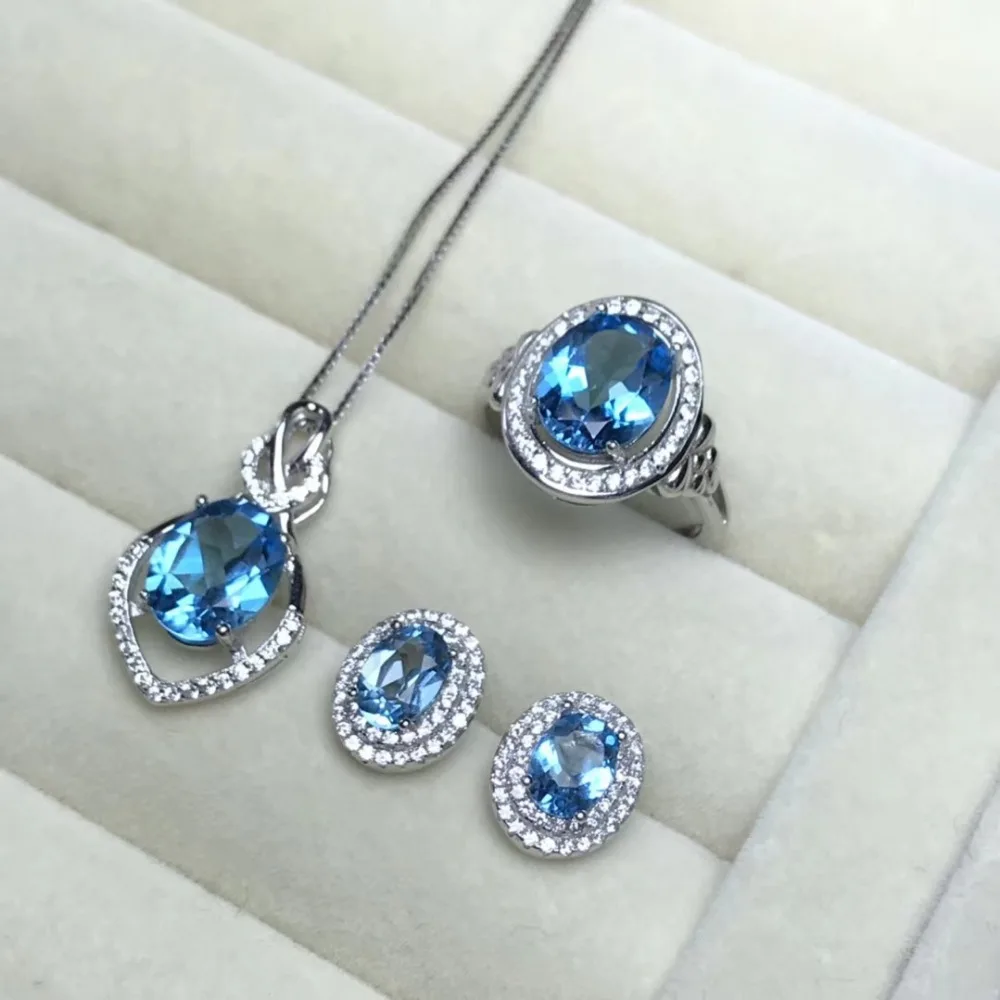 MeiBaPJ Classic Natural Blue Topaz Jewelry Set 925 Silver 3 Siut Fine Jewelry Wholesale