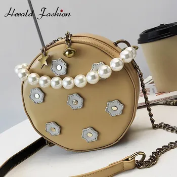 

Herald Fashion Quality Leather Chain Female Circular Shoulder Bag Women Round Bag with Pearls Ladies Crossbody Messenger Bag Sac