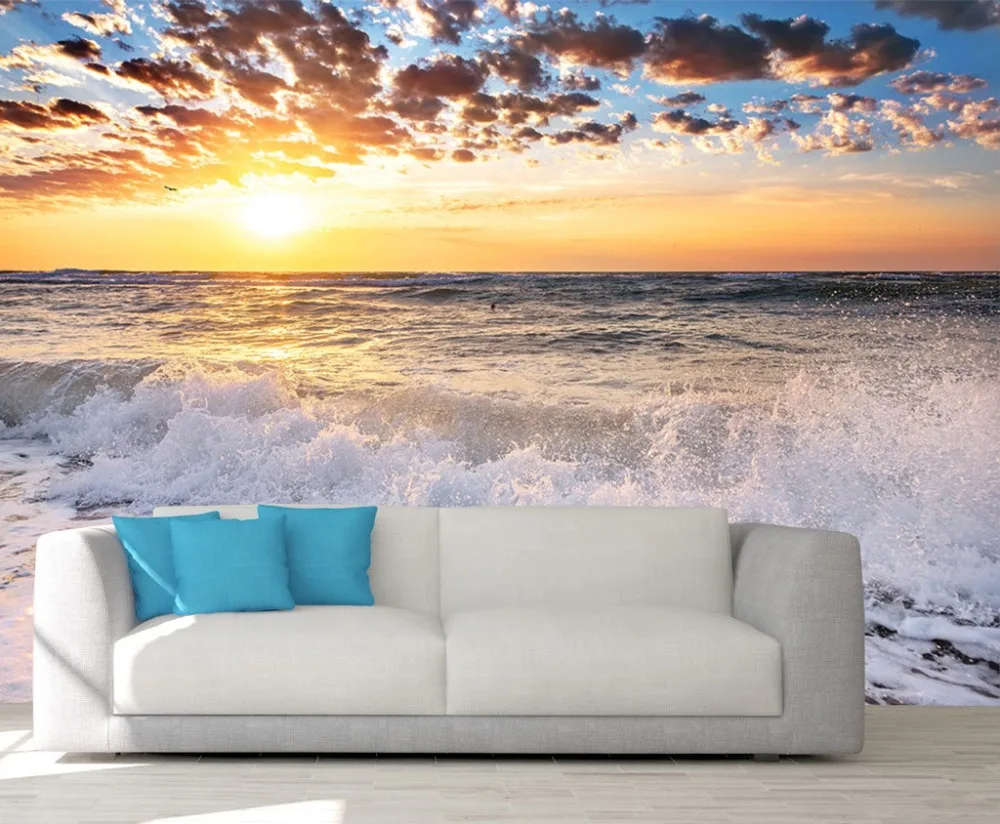 

Custom 3D Photo Wallpaper Sunset Seaside Wave Wall Mural Living Room Bedroom Vinyl Mural Waterproof Wallpaper Home Decor