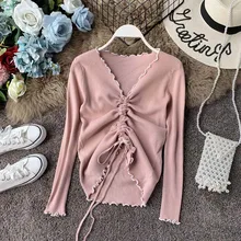 New Arrival 2019 Sweaters Women V neck Long Sleeve Solid color Retractable Lace up Decorative Jumper Tops Pull Femme Clothing New Arrival 2019 Sweaters Women V neck Long Sleeve Solid color Retractable Lace up Decorative Jumper Tops Pull Femme Clothing