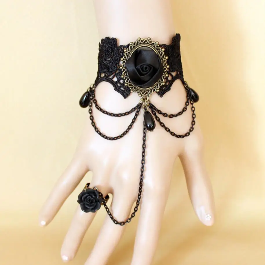 Черная розовая ткань и многослойная цепочка женский Готический кружевной браслет