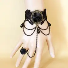 Черная розовая ткань и многослойная цепочка женский Готический кружевной браслет
