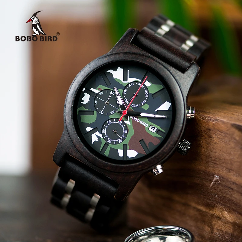 BOBO BIRD Male Wooden Watch Men Wood Quartz Jungle Camo Camouflage Saat erkek Wristwatches Man Japanese movement Show Date Week