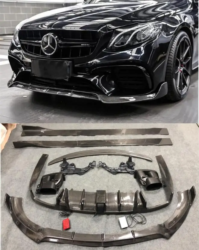 

Carbon Finber Front Rear Bumper Lip Diffuser With Exhaust Tips Side Skirt Spoiler For Benz W213 E200 E260 E63 AMG 2016 2017 2018