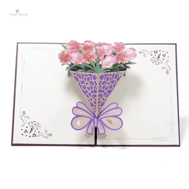 PAPER SPIRITZ Carnation bouquet 3D laser paper pop up card with blank envelope invitations greeting cards wedding invitation