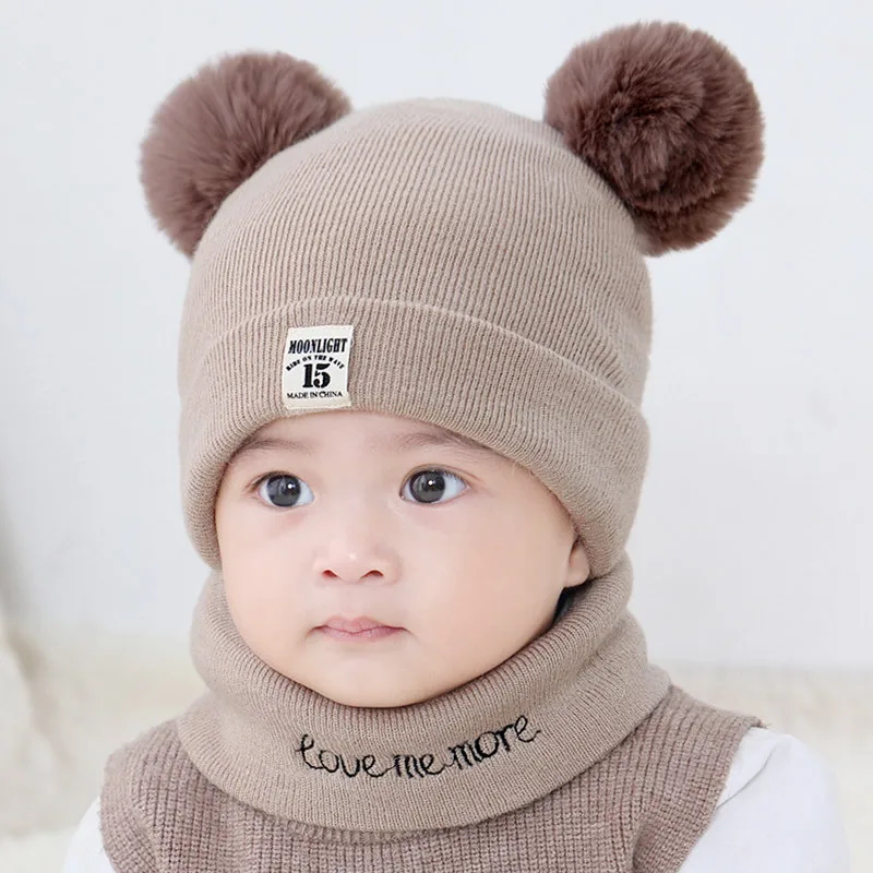 От 0 до 2 лет детский зимний комплект с шапкой для мальчиков и девочек, теплая шапка с помпонами и шарф для новорожденных, вязаная шерстяная шапочка мех с помпоном KF962 - Цвет: coffee