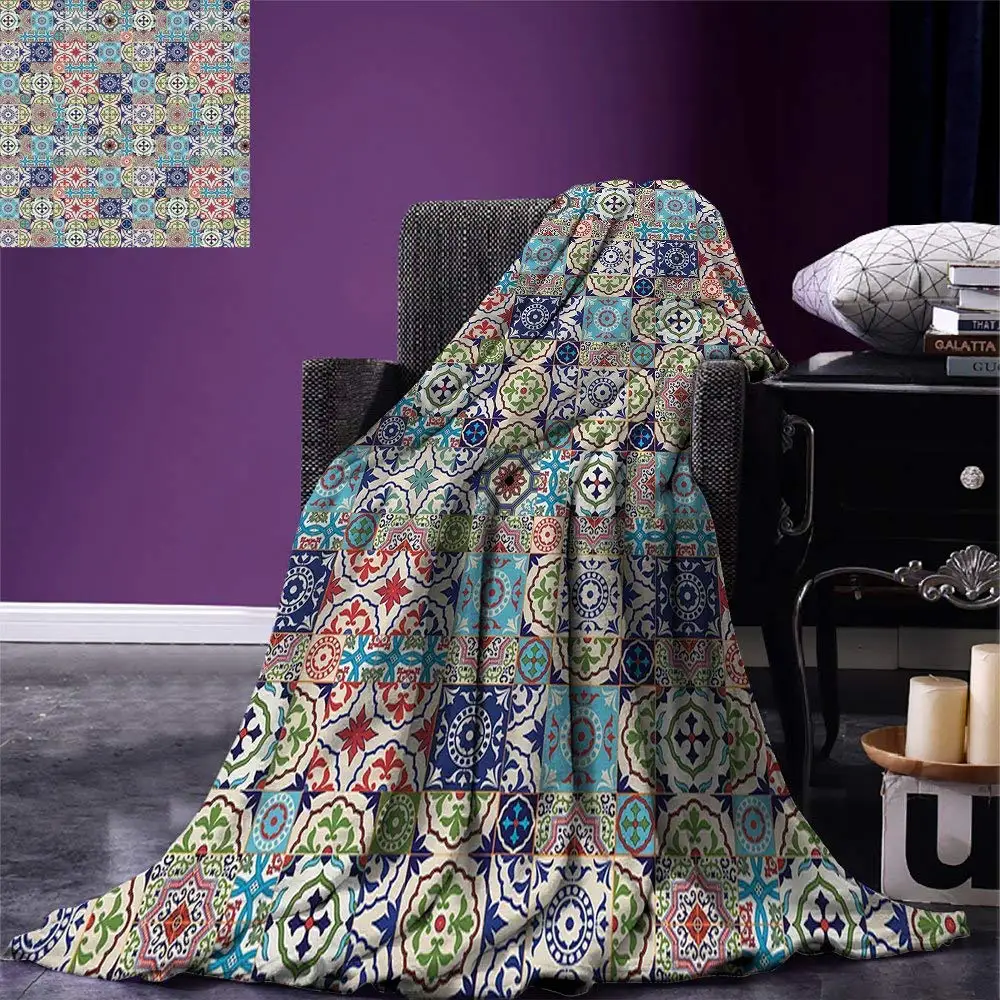 

Moroccan Throw Blanket Geometric Squares and Rectangles Colorful and Complex Design Floral Arrangement Fleece Blanket for Bed