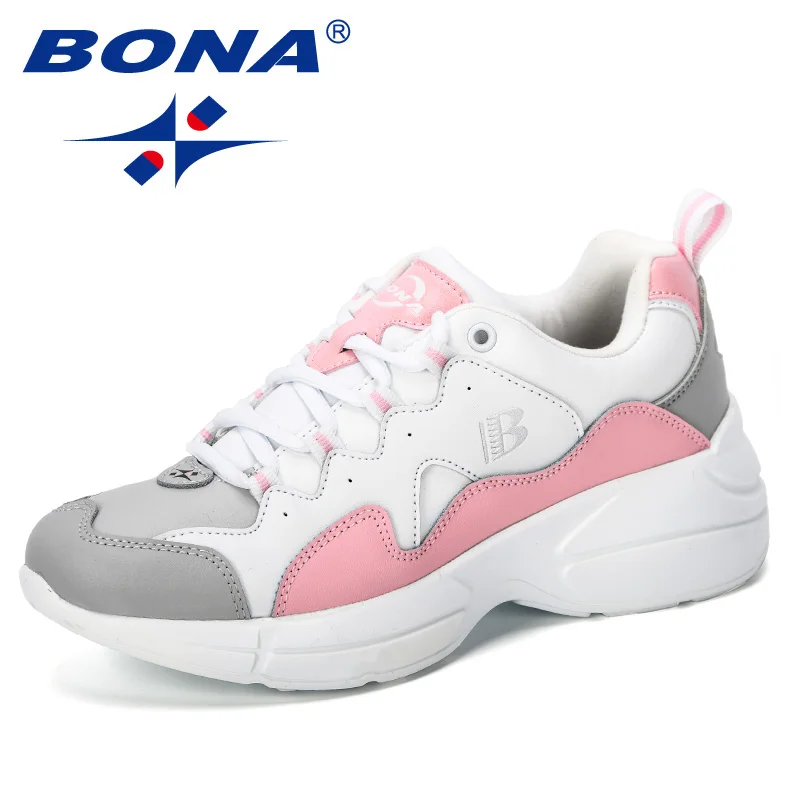 BONA New Fashion Style Platform Sneakers Ladies Brand Chunky Causal Shoes Woman Leather Leisure Shoes Chaussure Femme Comfy - Цвет: White pink