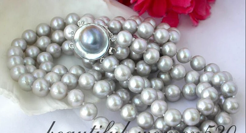 

FREE SHIPPING z2363 3row 11mm round gray fw pearl necklace silver mabe