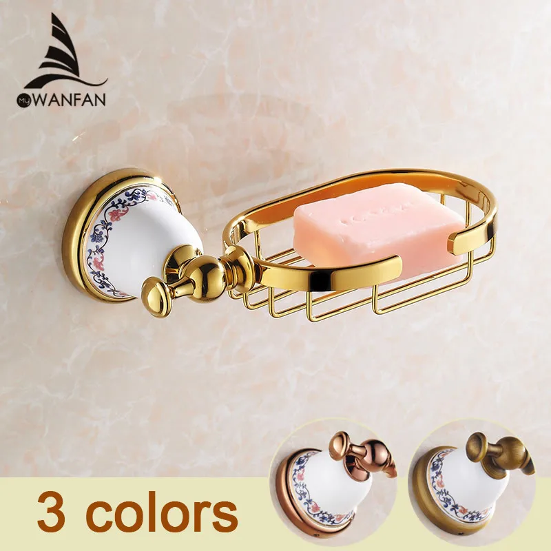 Soap Dishes Gold Plating Brass Soap Dish Holder Bath Hardware Wall Mounted Soap Basket Ceramic
