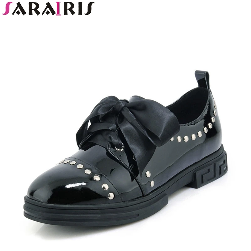 

SARAIRIS 2019 Brand Spring Autumn Black Genuine Leather lace-up Rivet Platform Shoes Woman Shallow Fretwork Date Women Shoe